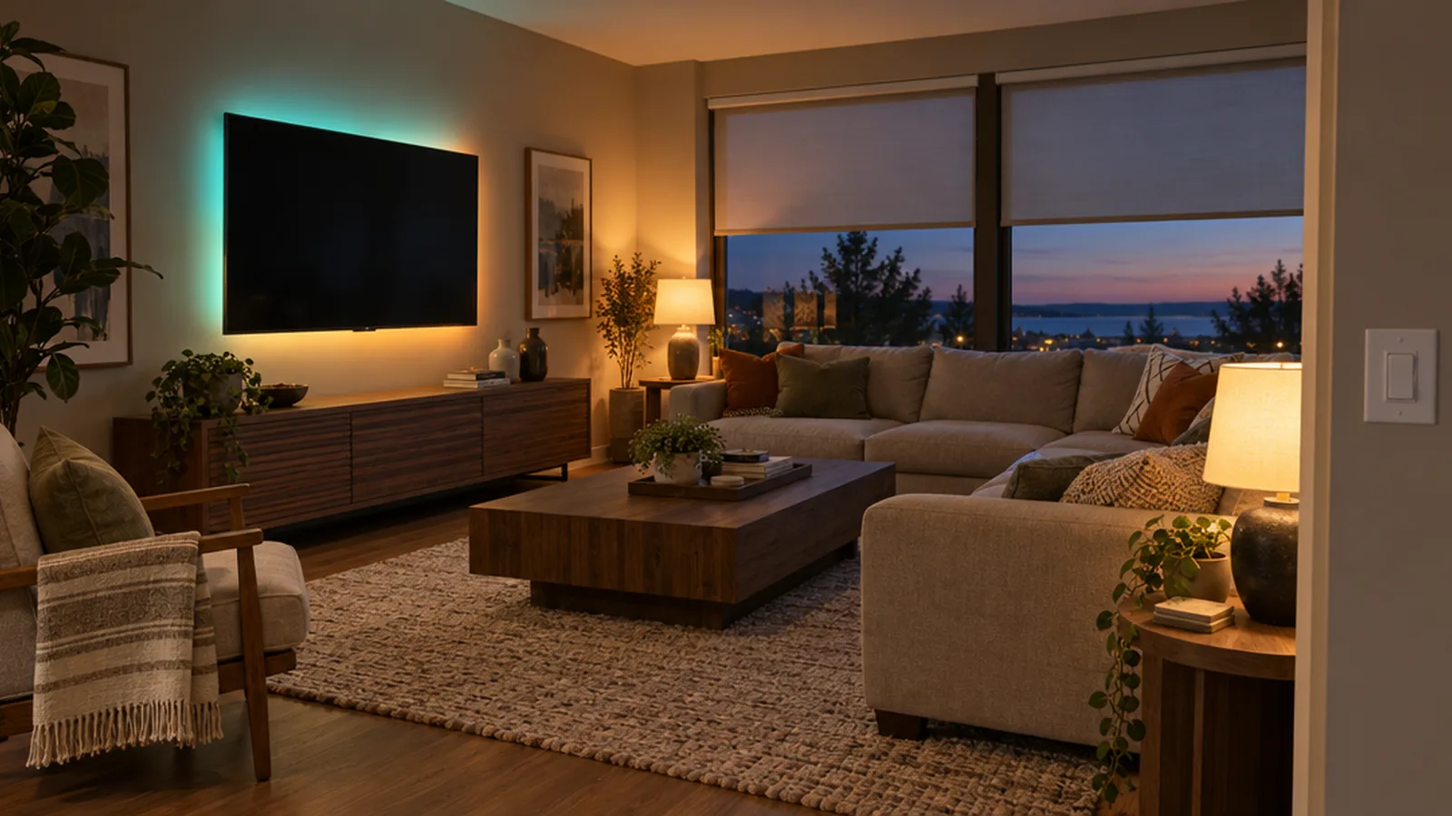 An evening living room lit by a colored TV backlight, warm smart lamps and half-lowered motorized shades