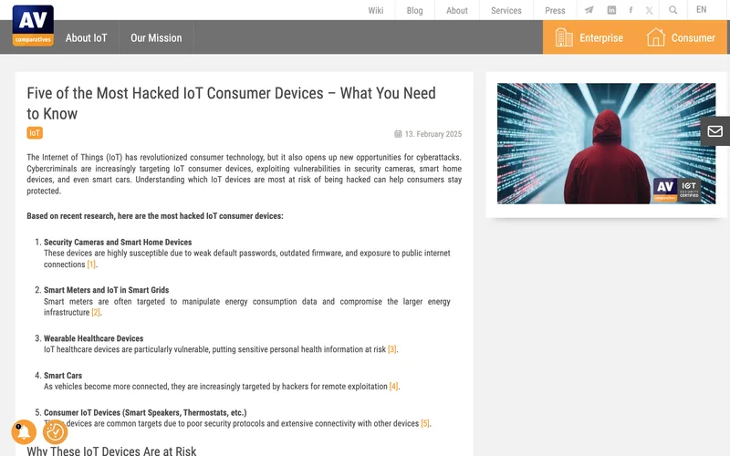 AV-Comparatives article on the five most hacked IoT consumer devices