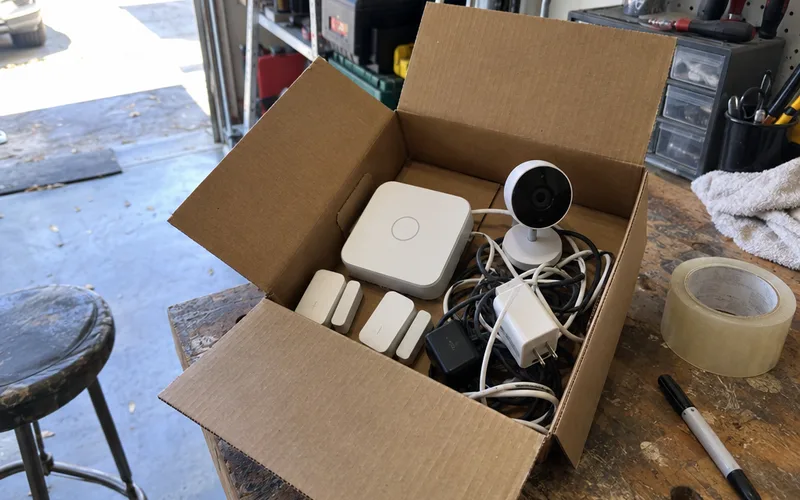 Cardboard box of unplugged smart home devices, including a hub, sensors and a camera, on a garage workbench
