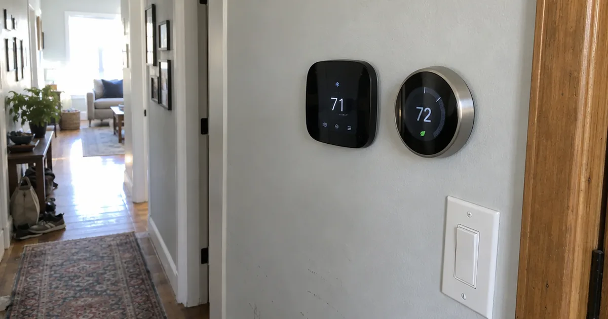 An ecobee-style square thermostat and a round Nest-style thermostat side by side on a hallway wall
