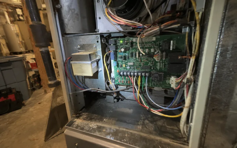 Open furnace panel showing the control board's low-voltage terminals with thermostat wires connected
