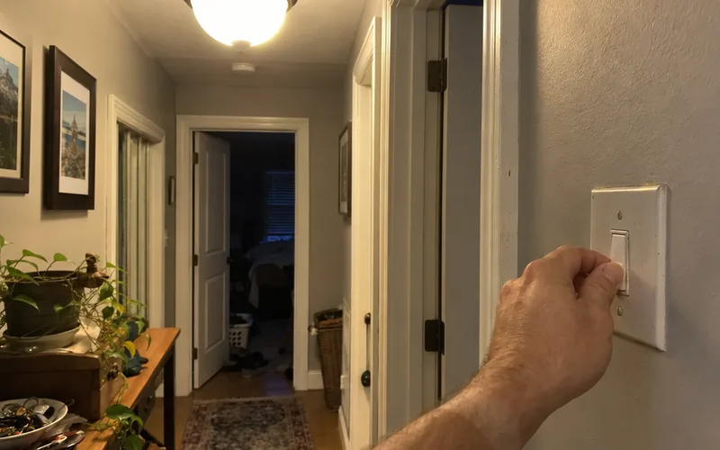 Hand flipping a regular wall switch that controls a ceiling light with a smart bulb