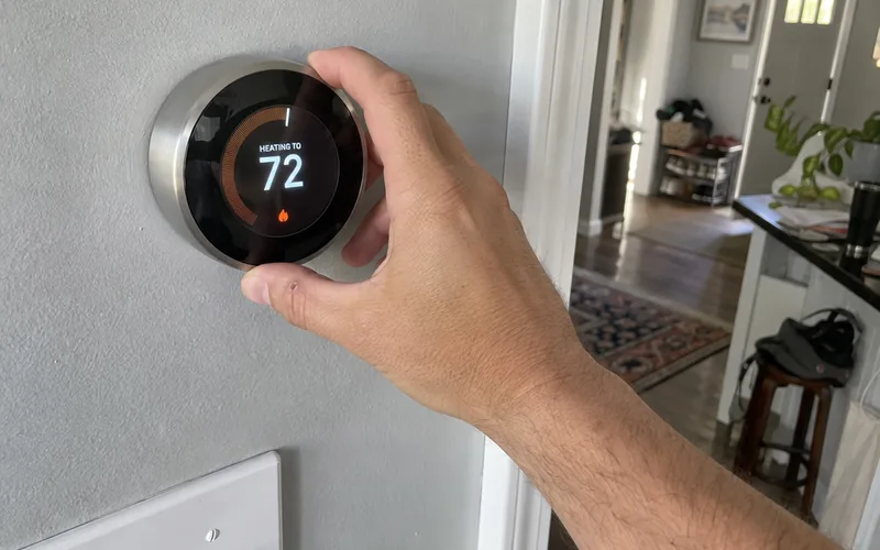 Hand turning the metal ring of a round smart thermostat