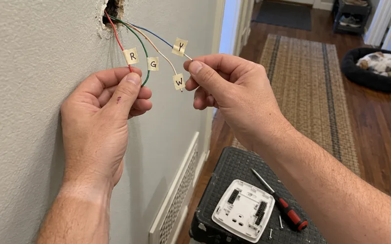 Thermostat wires labeled with masking tape after removing an old thermostat