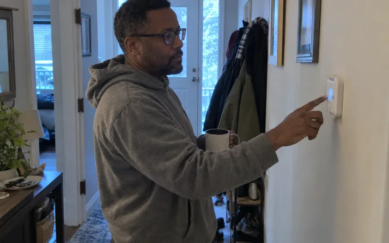Man adjusting a smart thermostat in his hallway in the morning