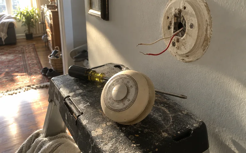 Old round dial thermostat taken off the wall with only a red and a white wire behind it