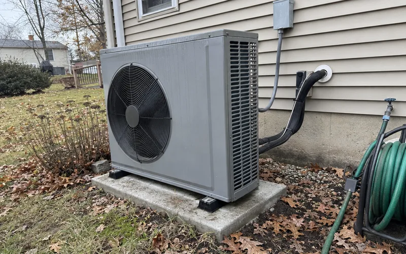 Outdoor heat pump unit on a concrete pad beside a house