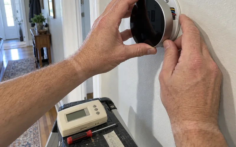 Hands pressing a new smart thermostat onto its wall base, with the old thermostat and a screwdriver on a step stool below