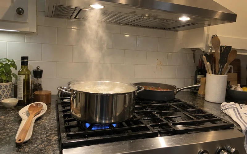 Range hood with its lights on above a steaming pot on a home stove
