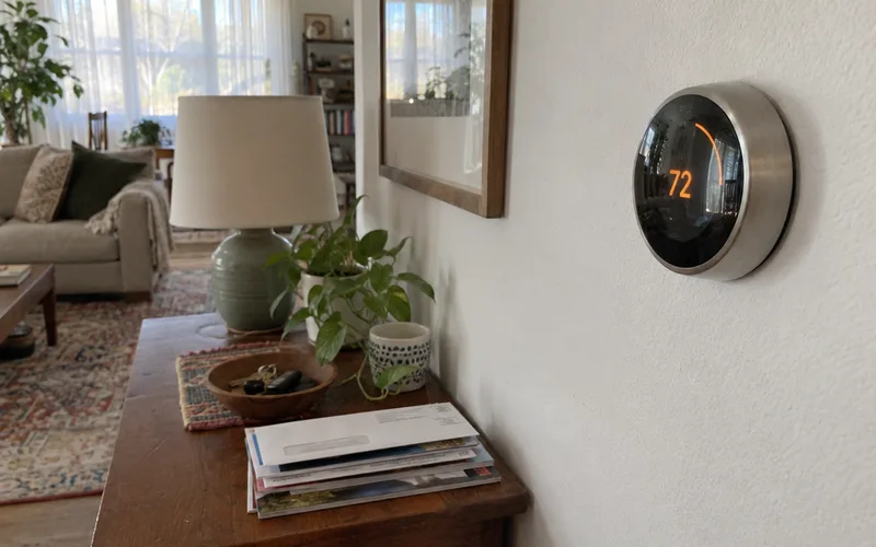 Round Nest-style smart thermostat with a metal ring on a living room wall