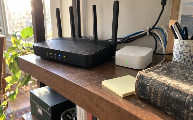 Small smart home hub sitting next to a Wi-Fi router on a home office shelf