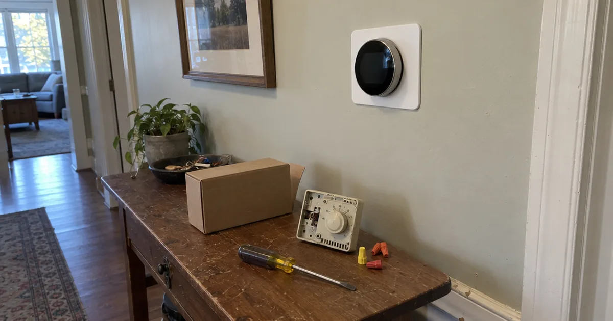 New smart thermostat on a hallway wall above the old dial thermostat, a screwdriver and the empty box on a table