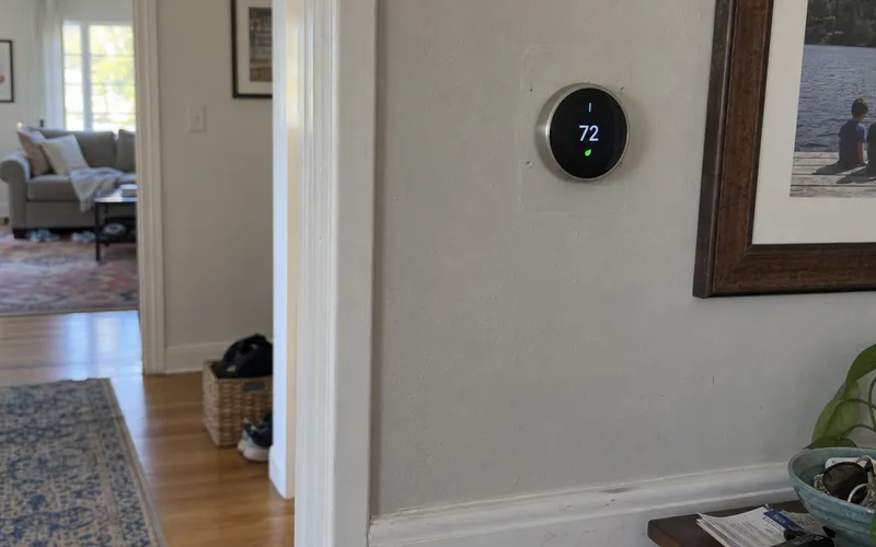 Round smart thermostat mounted on a hallway wall