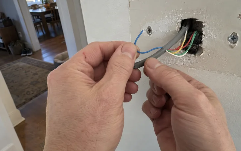 Hands pulling a thermostat cable from the wall to reveal an unused blue wire folded back along the sheath