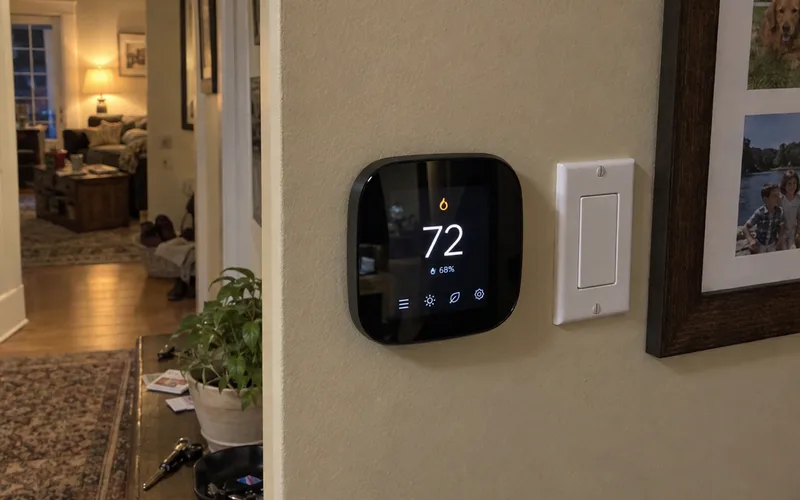 Square black ecobee-style smart thermostat with a touchscreen on a hallway wall