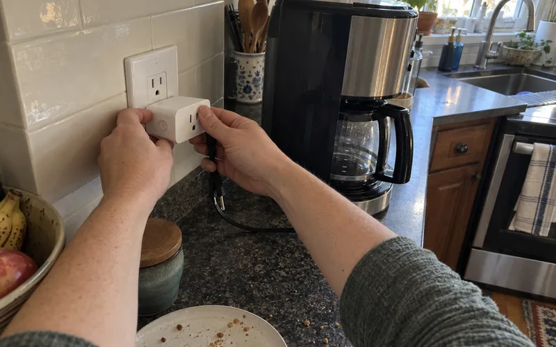 Hands plugging a smart plug into a kitchen outlet next to a coffee maker cord