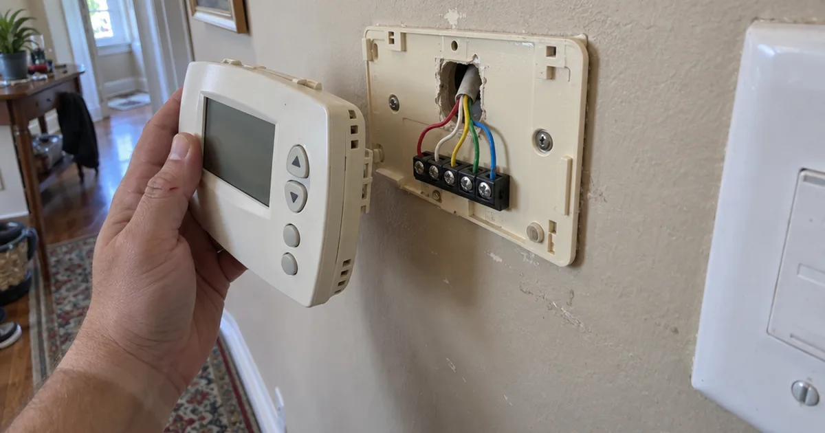 Thermostat removed from its wall plate showing red, white, yellow, green and blue wires on their terminals
