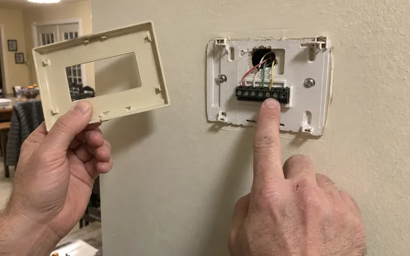 Hands holding an old thermostat faceplate beside a wall plate with red, white, green and yellow wires and an empty terminal