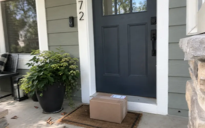 Video doorbell beside a front door with a delivered package on the doormat