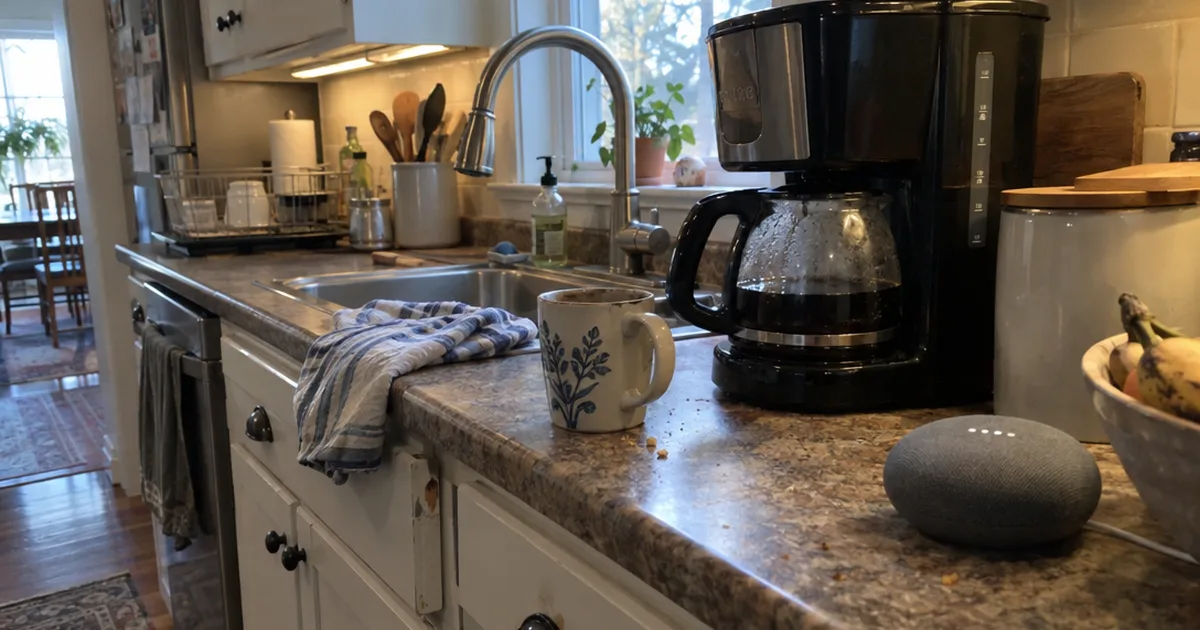 Kitchen counter with a small smart speaker beside a coffee maker and a pull-down faucet at the sink